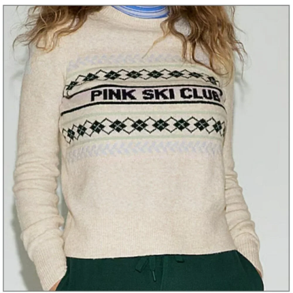 PINK Victoria's Secret Ski Club Collegiate Ivory Knit Crewneck Sweater XL NWT
